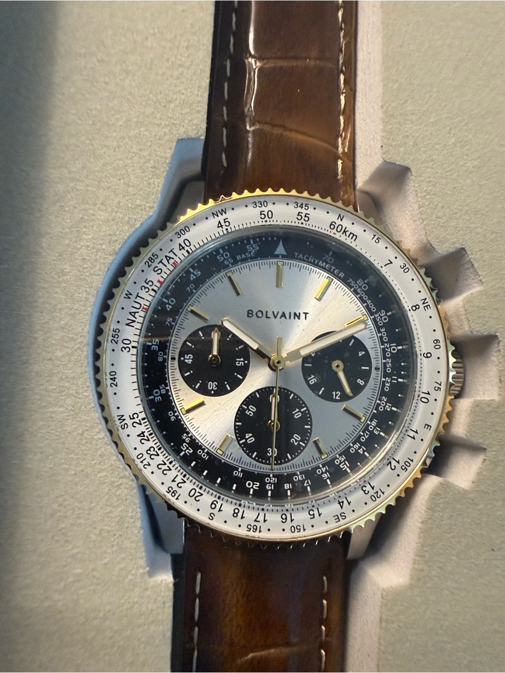 Bolvaint Men's Silver Dial with Brown Leather Strap Chronograph Watch